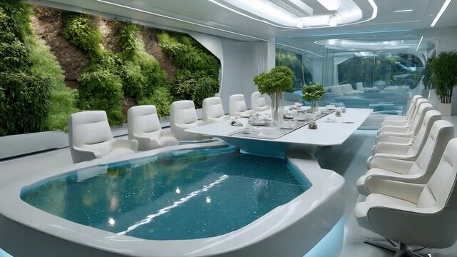 Futuristic Boardroom with Pool: A sleek, modern boardroom featuring a long, white conference table, white chairs, and a unique indoor pool with clear blue water.