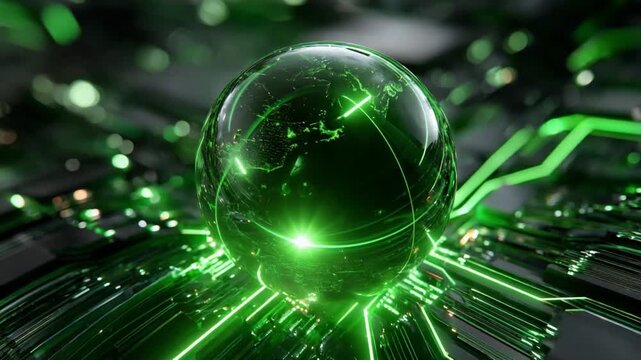 Global Network Sphere: A luminous green sphere, resembling Earth, sits at the nexus of intricate circuitry.