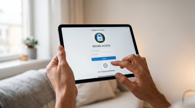 Secure digital login showing user accessing protected portal on tablet with biometric fingerprint scan, cybersecurity authentication technology for safe data entry and privacy