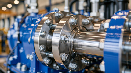 Fototapeta premium Close up of a cluster of brushed silver metal tubes bolted together as part of a high pressure hydraulic machine, faint fingerprints visible on polished surfaces, bright industrial lighting creating