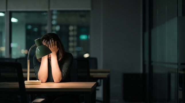 Stressed young woman sitting at desk in dark office covering her face with hands while illuminated by warm light from small green vintage desk lamp
