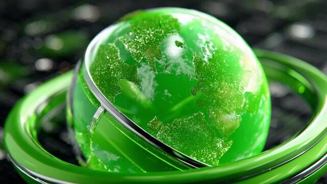Green Planet Globe: A vibrant green globe, representing Earth, is cradled within a metallic ring, symbolizing environmental protection and sustainability.