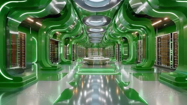 Futuristic Server Room: A stunning, ultra-modern server room with gleaming green metallic walls and futuristic lighting, featuring rows of server racks and a central console.