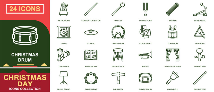 Twenty four christmas drum icons featuring musical instruments and stage performance equipment