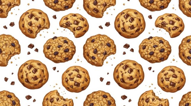 Chocolate chip cookie seamless pattern with golden brown texture, scattered cocoa chunks and repeating tile background for bakery packaging and food designs