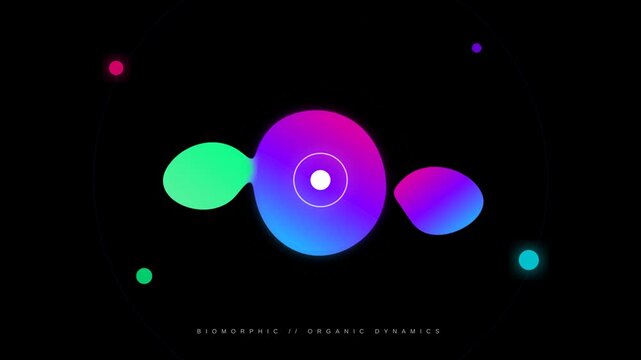 Abstract Biomorphic Organic Shapes Pulsing with Glowing Neon Colors on Dark Motion Background