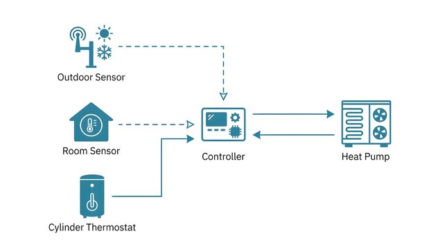 Smart heat pump control system schematic with outdoor sensor and room thermostat communication.