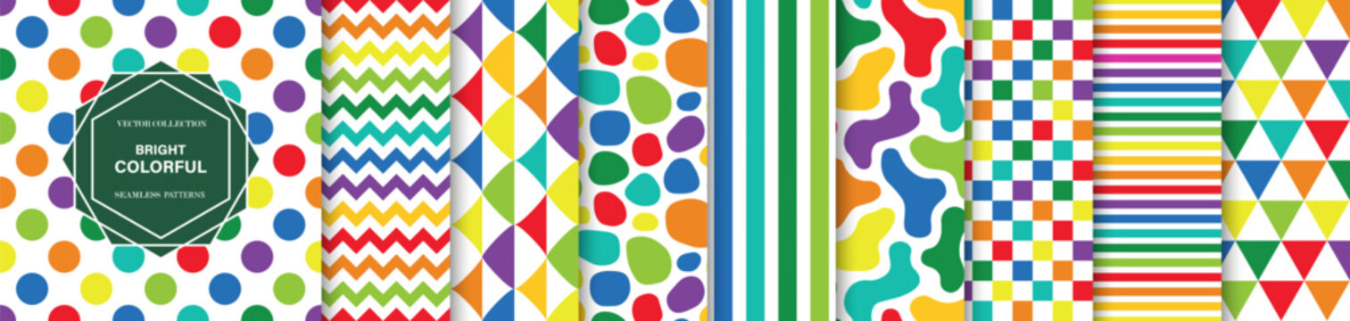 Vector collection of bright colorful seamless patterns. Modern geometric multicolor background templates set with creative abstract repeat textures and trendy vibrant lines for wrapping paper