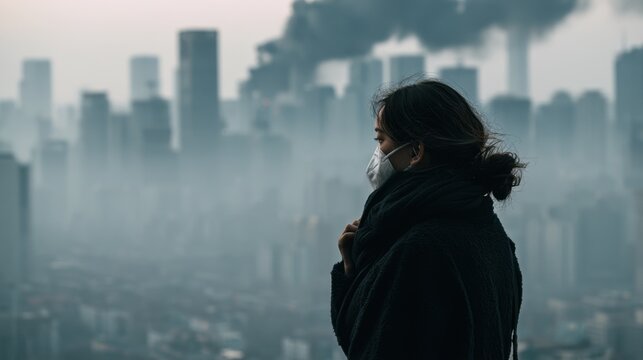 Woman wearing face mask looking at city skyline covered in thick smog with heavy pollution and industrial smoke in background