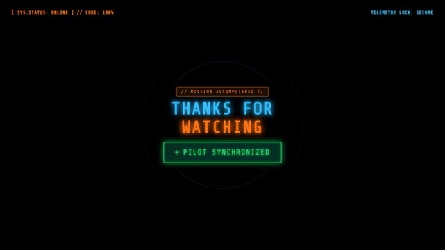 Futuristic mecha style video outro with thanks for watching text and animated subscriber call to action.