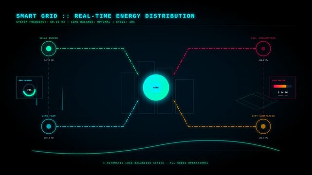 Futuristic Smart Grid Dashboard Showing Real Time Energy Distribution and Network Data Monitoring