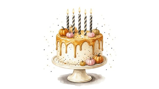 Festive birthday cake with orange pumpkins and black striped candles, golden icing drips on white stand for autumn birthday party celebrations