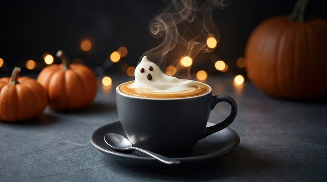 Steaming espresso with creative ghost latte art, festive autumn coffee concept in soft moody lighting for Halloween cafe menus and promotions