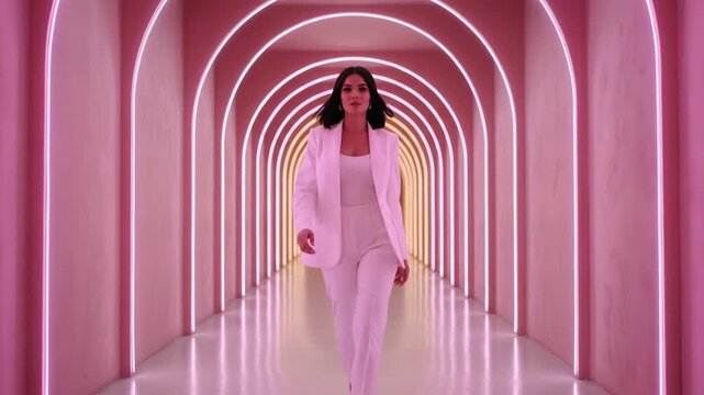 Fashion runway model walks through glowing pink tunnel in white suit and heels, moving with steady confidence toward camera. Neon arches frame her centered stride and create sleek editorial style.