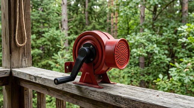 Red hand-crank air raid siren alert device sitting on a wooden deck