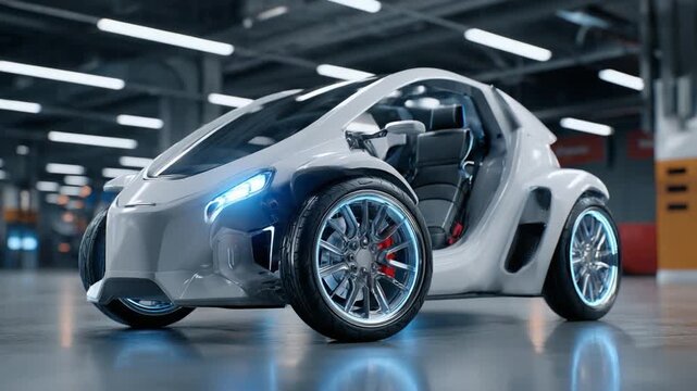 Futuristic Three-Wheeled Vehicle in a Modern Garage