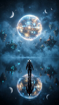 Space astronaut planet reflection in fantasy science fiction of surreal cosmic universe moon stars galaxy