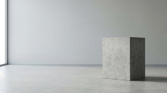 Minimalist concrete cube pedestal standing in a bright, spacious modern room with soft natural lighting and clean architectural lines