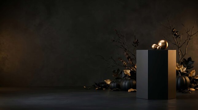 Elegant black hexagonal pedestal with golden spheres and dark autumn decor, perfect for luxury product display on a moody, minimalist background