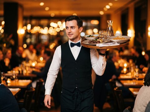 Waiter serving food in restaurant