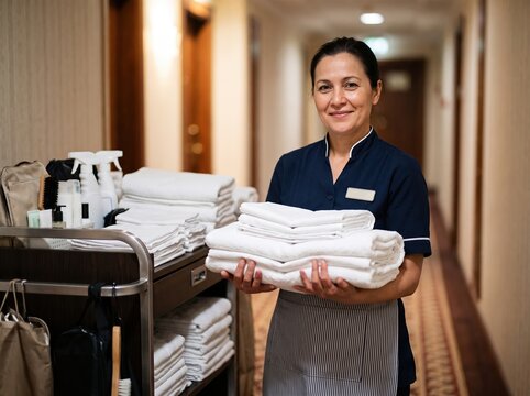 Smiling hotel housekeeper holding clean towels