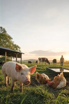 Domestic farm animals in green pasture at sunset, pink pig and brown chickens in foreground, cows grazing with farmer in background, rural agriculture concept