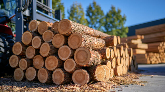Wide industrial scene of a mechanical loader arm lifting freshly processed logs at a bright timber products storage warehouse, sawdust scattered naturally across the concrete floor, stacks of wooden