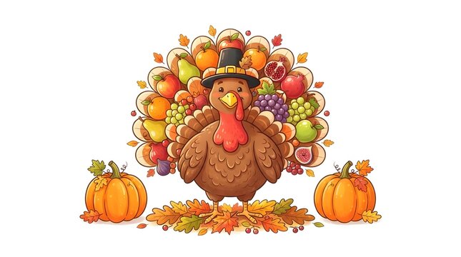 A cute thanksgiving turkey cartoon illustration featuring a festive bird with a colorful tail made of harvest fruits and vegetables standing beside two orange pumpkins