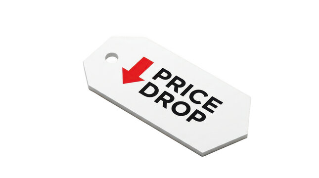 Price drop tag with red arrow isolated on transparent background