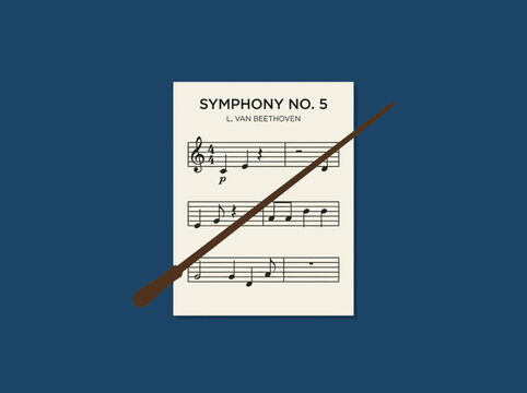Classical Music Sheet of Beethoven Symphony No 5 with Conductor Baton.