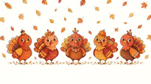 A delightful and charming thanksgiving scene featuring five adorable cartoon turkeys each with a unique expression set against a backdrop of falling autumn leaves evoking