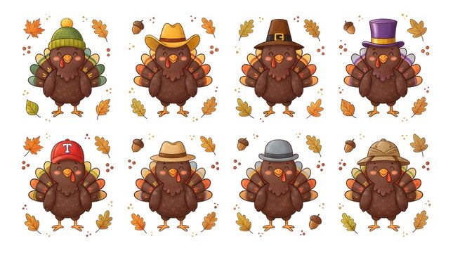 A delightful collection of cartoon turkeys dressed in various colorful hats perfect for thanksgiving celebrations festive decorations and spreading holiday cheer with a whimsical and