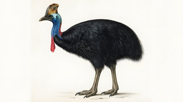 A beautifully detailed vintage illustration depicts a magnificent cassowary a large flightless bird native to the tropical rainforests of new guinea and northeastern australia showcasing
