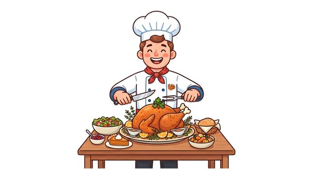A delightful cartoon illustration depicts a cheerful chef meticulously carving a golden brown roasted turkey surrounded by a bountiful thanksgiving feast symbolizing gratitude and togetherness