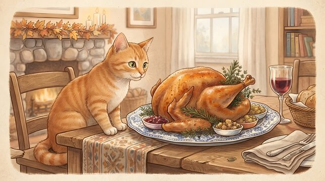 A delightful thanksgiving scene unfolds with a cartoon turkey a centerpiece of the holiday feast surrounded by delicious side dishes and a warm inviting atmosphere