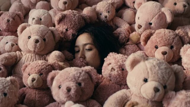 Woman nestles in mass of teddy bears, framed by many soft pink stuffed animals. She remains motionless with relaxed features, giving playful yet intimate mood and cozy textured detail.