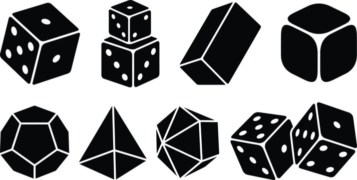 Geometric dice and polyhedral block silhouette collection featuring gaming cubes and abstract three dimensional shapes