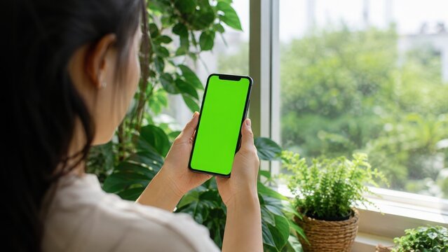 Young woman holding a green screen smartphone in front of lush indoor plants and bright window light