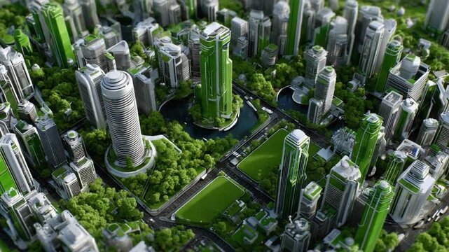 Eco-Cityscape Utopia: An innovative and sustainable urban environment where modern skyscrapers are integrated with lush greenery, reflecting a harmonious blend of technology and nature.