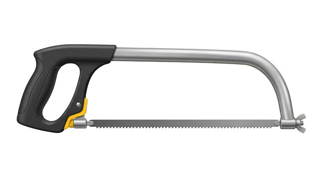 Professional metal hacksaw with black ergonomic handle isolated on transparent background