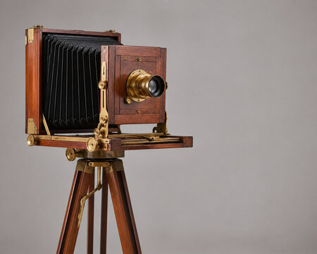 Antique wooden bellows camera on tripod in studio