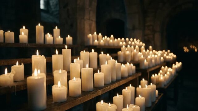 Candlelight ritual fills dark stone interior with rows of lit pillar candles on wooden shelves. Warm flames flicker across deep shadows, creating quiet devotional atmosphere in old chapel like space.