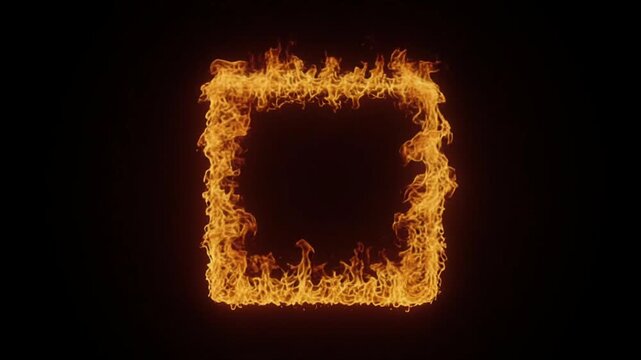Burning square outline glows in darkness. Animated flames dance along edges, forming luminous fire ring with empty center and dramatic black backdrop for strong abstract effect. Orange sparks flicker.