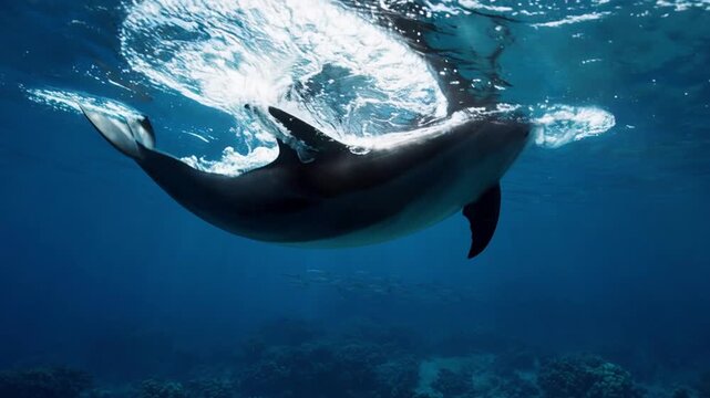 Dolphin glides across calm ocean water with sunlight streaming from above. Animal stays close to surface, its streamlined shape and dark fin sharply visible in rich blue water