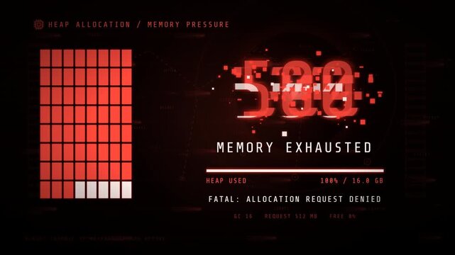 Digital system error interface showing memory exhausted warning with red glitch effect.