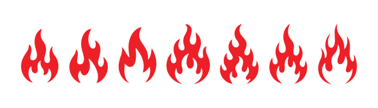 Fire flame icon set vector red silhouettes isolated on transparent background for bonfire logo branding.