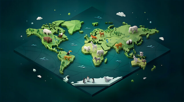 Isometric world map with various animal species located in their natural