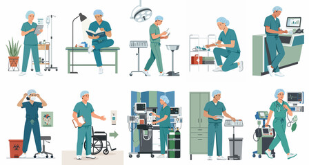 Fototapeta premium Collection of medical professionals in scrubs performing various healthcare duties, including operating equipment, studying, and patient care in a hospital setting.