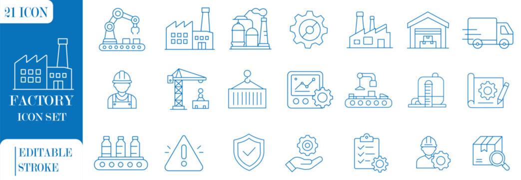 Factory icon set. industry linear icon set. Minimal icons collection. warehouse, manufacturing, machine, industrial and more. Editable stroke vector illustration.