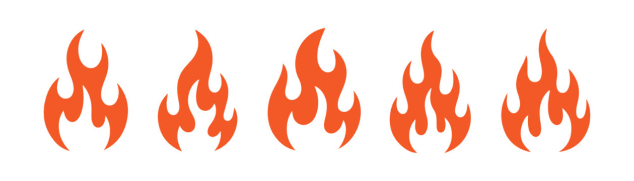 Orange fire flame graphic set for energy branding and heat related educational materials on transparent background.